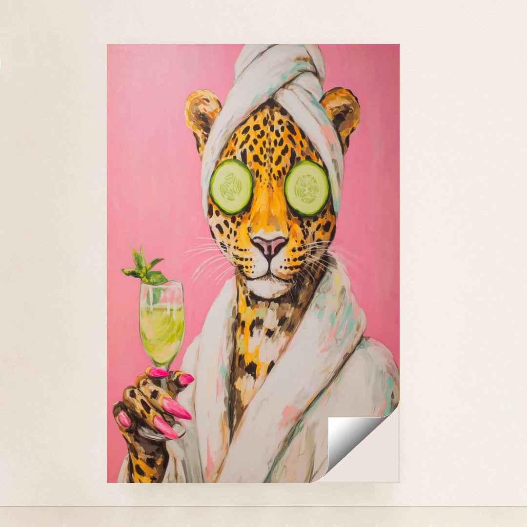 This artwork shows a playful jaguar wearing a bathrobe and towel, holding a drink, with cucumbers over its eyes, minimalist unframed style.