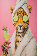 This artwork shows a playful jaguar wearing a bathrobe and towel, holding a drink, with cucumbers over its eyes, unframed.