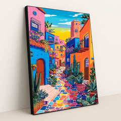 This artwork shows a vibrant, colorful street with blue, orange, and pink buildings, potted cacti, and a mosaic tile walkway, in a black frame.