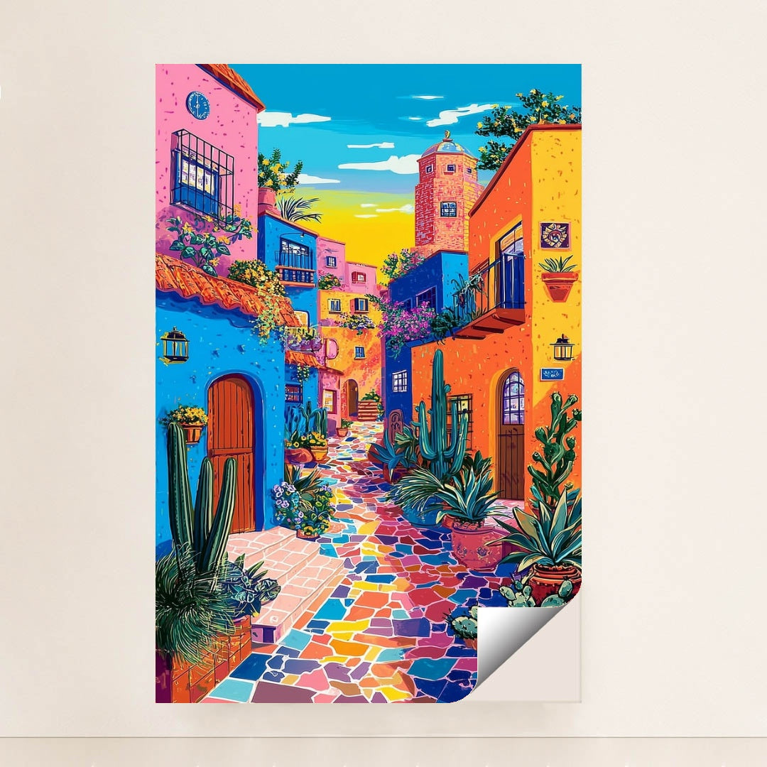 This artwork shows a vibrant, colorful street with blue, orange, and pink buildings, potted cacti, and a mosaic tile walkway, minimalist unframed style.