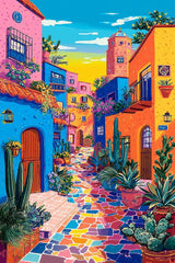 This artwork shows a vibrant, colorful street with blue, orange, and pink buildings, potted cacti, and a mosaic tile walkway, unframed.
