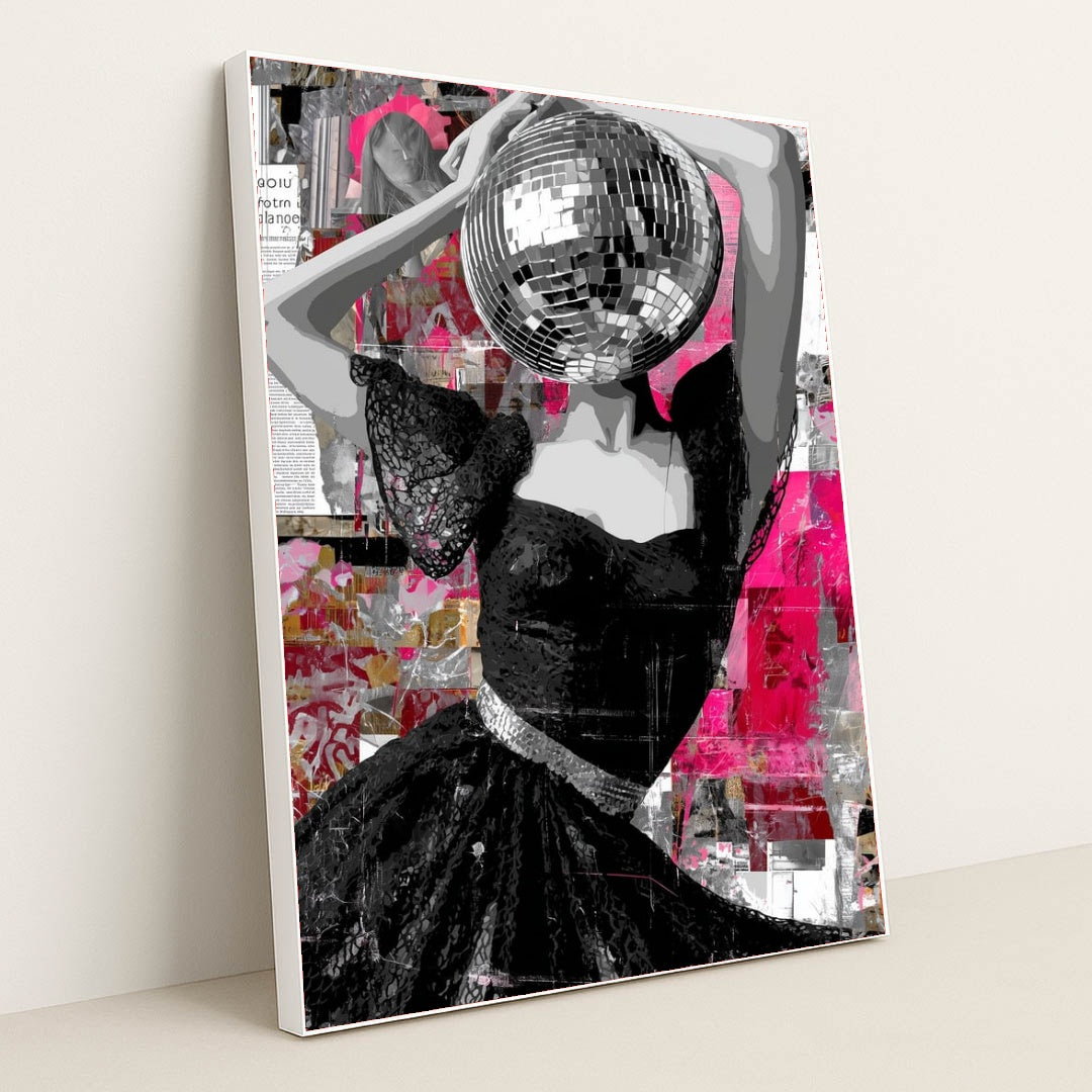 This artwork features a striking figure in a lace black dress with a disco ball for a head, set against a vibrant abstract pink collage, displayed in a white frame.