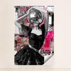 This artwork features a striking figure in a lace black dress with a disco ball for a head, set against a vibrant abstract pink collage, shown in a unframed style.