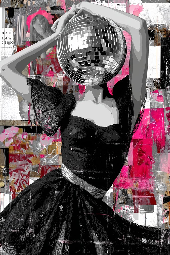 This artwork features a striking figure in a lace black dress with a disco ball for a head, set against a vibrant abstract pink collage.