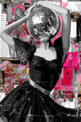 This artwork features a striking figure in a lace black dress with a disco ball for a head, set against a vibrant abstract pink collage.