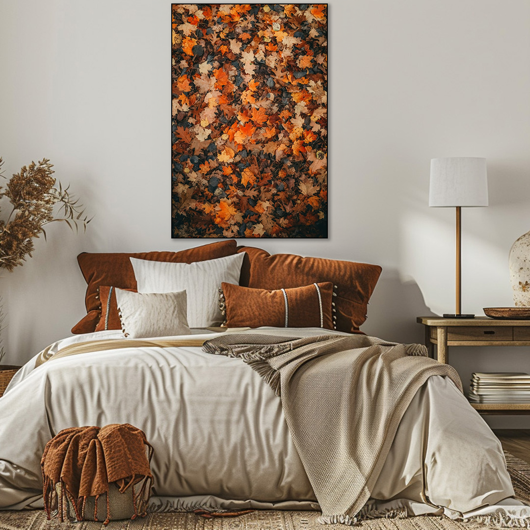 Cozy bedroom with a bed, abstract wall art, and side table.