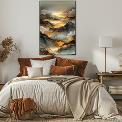 Cozy bedroom with a bed, decorative pillows, and a large abstract painting on the wall.