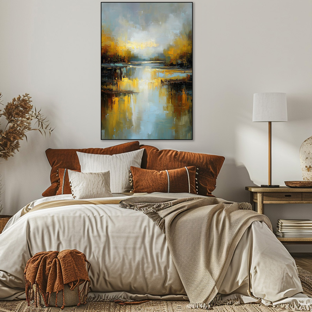 Cozy bedroom with a bed, abstract painting on the wall, and side table with lamp.