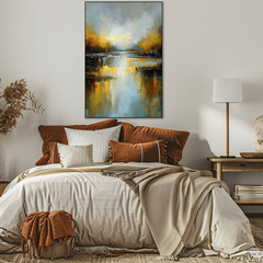 Cozy bedroom with a bed, abstract painting on the wall, and side table with lamp.