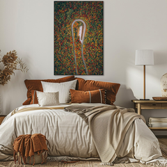 Cozy bedroom with a bed, decorative pillows, and a colorful abstract painting on the wall.