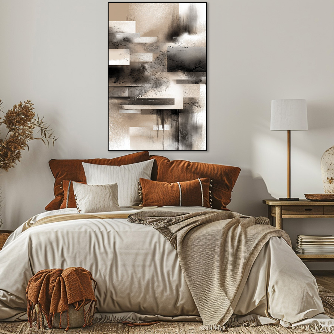 Cozy bedroom with a bed, abstract art, and side table.