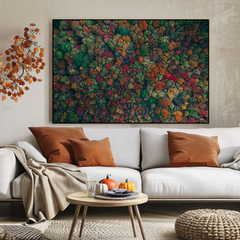 Living room with a colorful abstract painting, white sofa with brown pillows, and small round table.