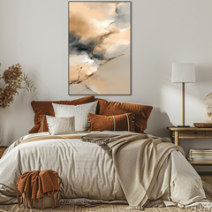 Cozy bedroom with a bed, abstract painting, and lamp.