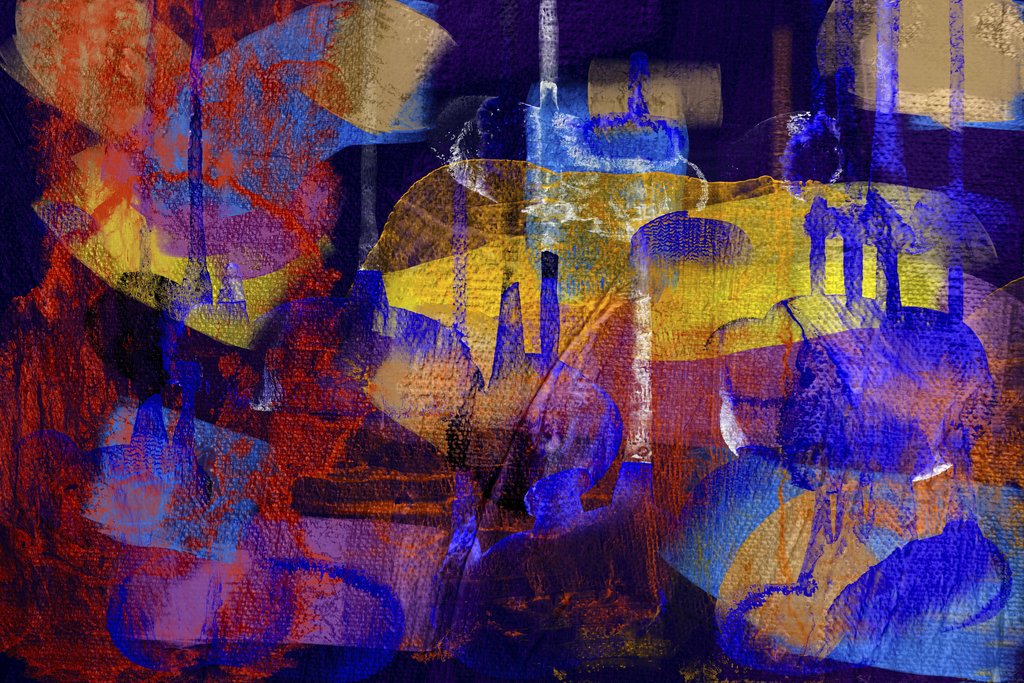 Steve Johnson - A dynamic abstract piece featuring vivid blues, purples, and oranges in an expressive, textured style.