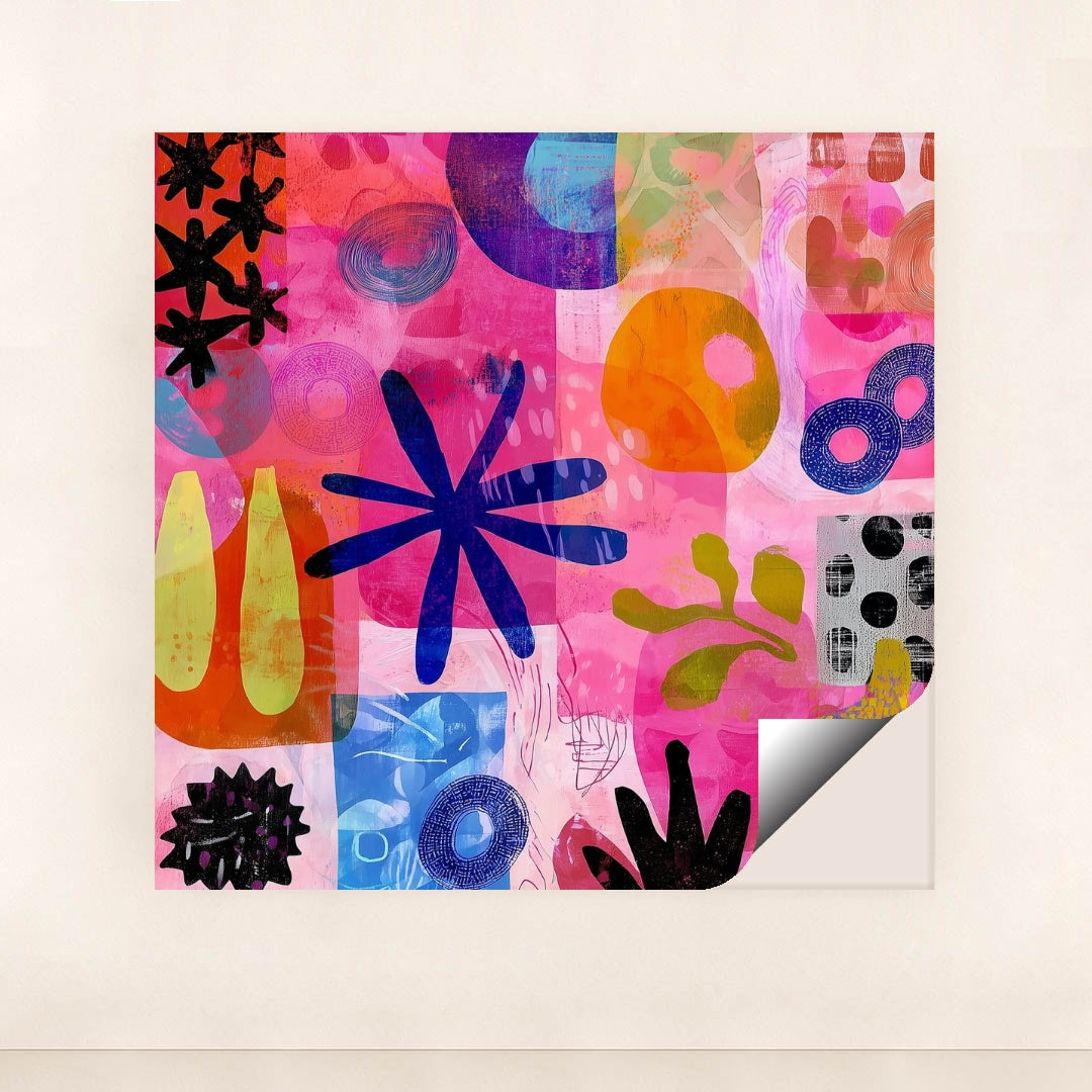 This artwork shows a colorful abstract collage with organic shapes, blue flowers, circles, and vibrant pinks and oranges, unframed.
