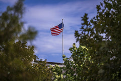 Mark Stebnicki - American flag on a flagpole framed by green trees against a clear blue sky, symbolizing patriotism.