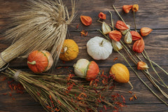 DS stories - An artistic display of pumpkins, dried flowers, and wheat on a wooden table.