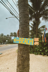 Jess Loiterton - Vibrant beach sign on a palm tree by a tropical road, inviting travelers in Hawaii.