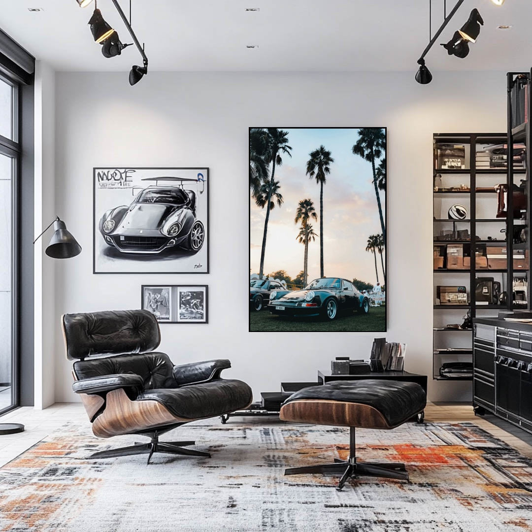 Vintage Porsche 911 in Sunset Light displayed as car wall art in a modern living room with elegant decor.