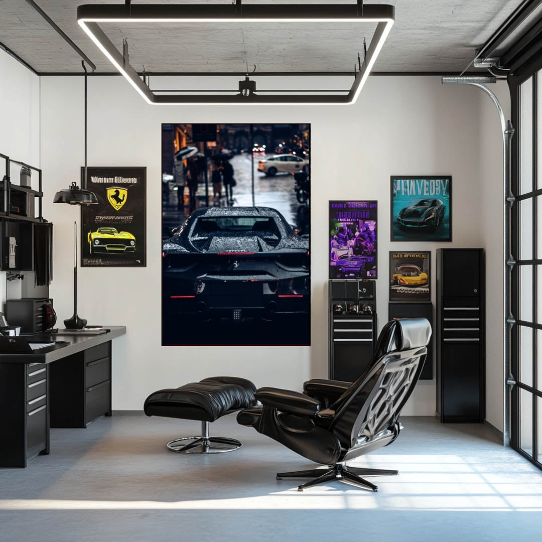 Black Ferrari in the Rainy City poster displayed in a modern workspace with sleek furniture and wall art.