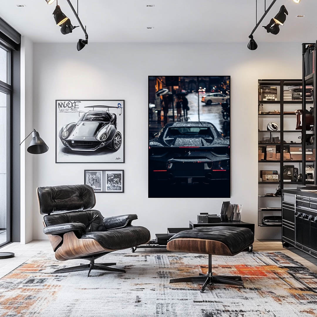 Black Ferrari in the Rainy City showcased as stylish car wall art in a modern living space.