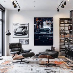 Black Ferrari in the Rainy City showcased as stylish car wall art in a modern living space.