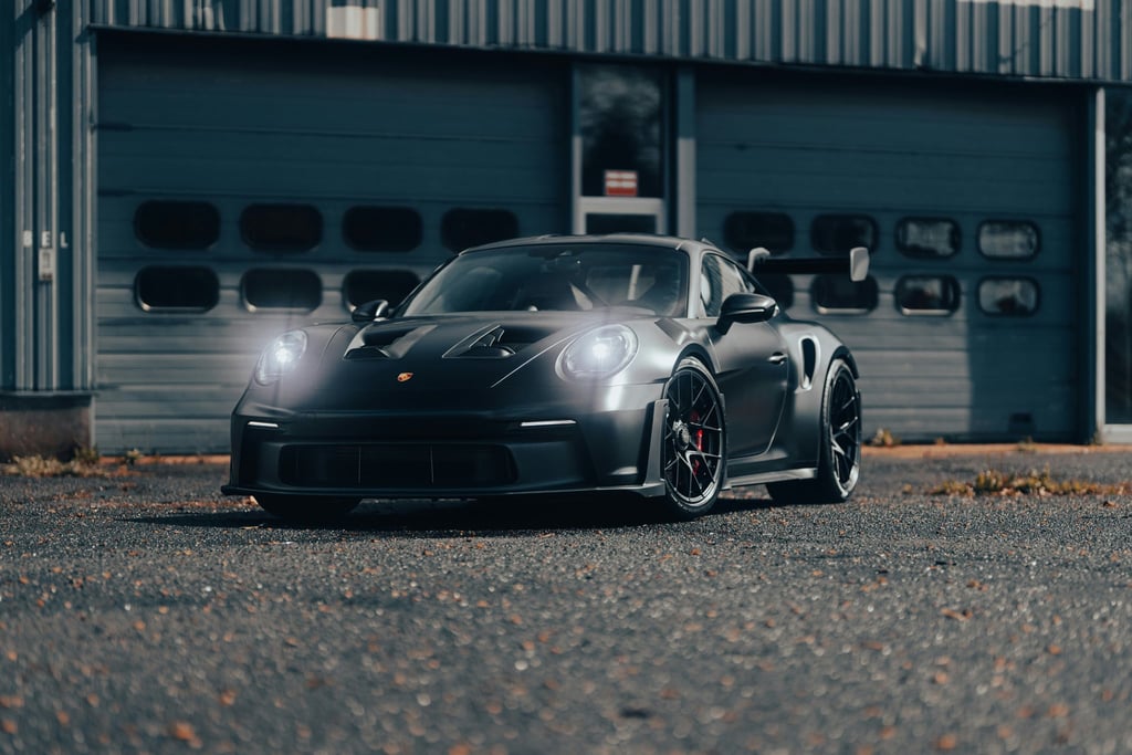 Porsche 911 GT3 RS in Matte Black parked in an industrial setting, showcasing its sleek design and performance features.