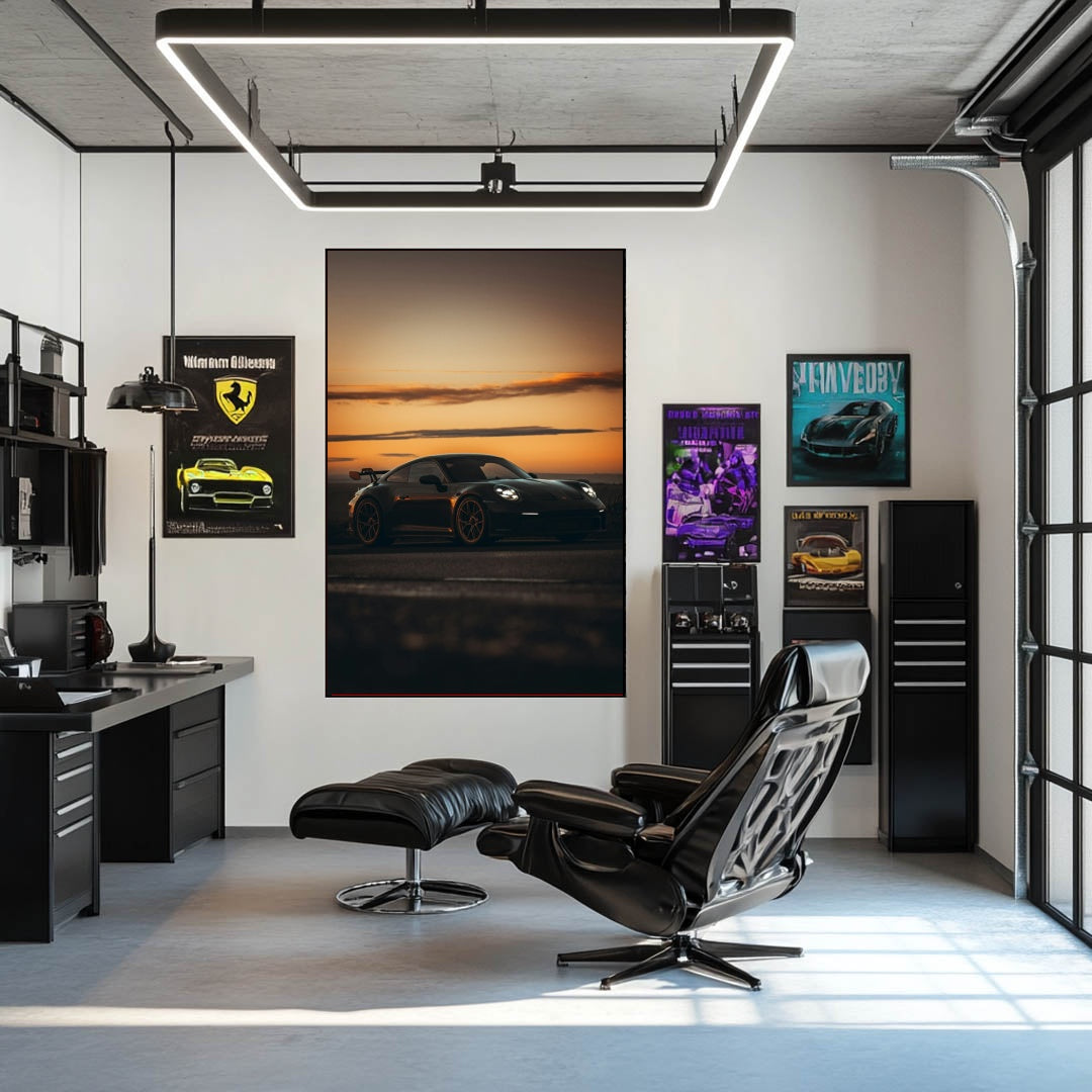 Black 911 GT3 Porsche on Open Road wall art displayed in a modern office interior with sleek furniture.