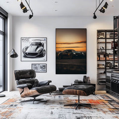 Black 911 GT3 Porsche on Open Road wall art displayed in a modern living room with stylish decor.