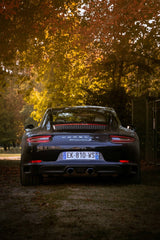 Porsche 911 Under Autumn Shade, luxury car surrounded by vibrant autumn foliage in a serene driveway.