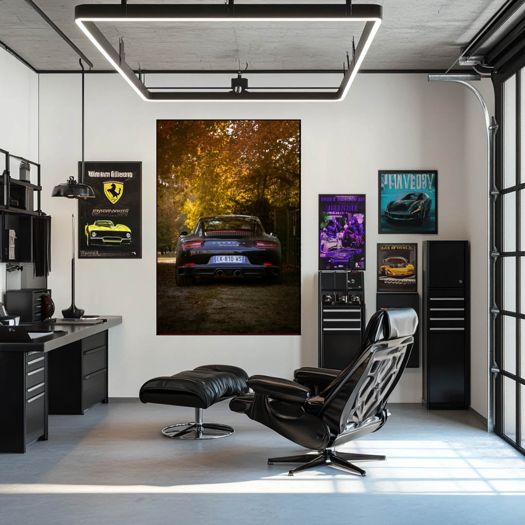 Porsche 911 Under Autumn Shade wall art displayed in a modern office with a sleek black chair.