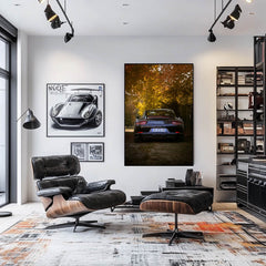 Porsche 911 Under Autumn Shade framed in a stylish room, showcasing the car against vibrant autumn colors and modern decor.