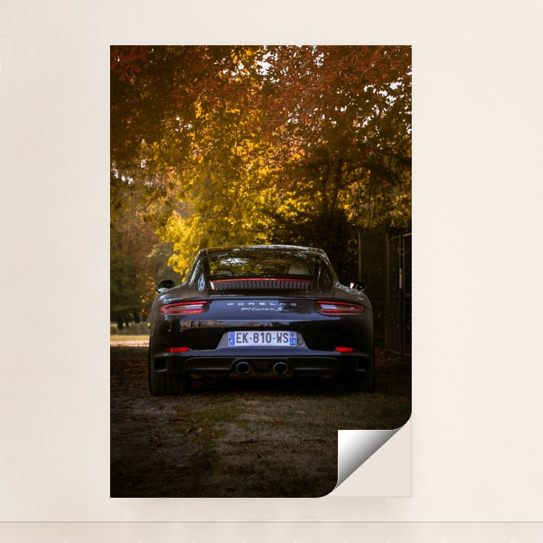 This photo shows the rear view of a black Porsche 911 Carrera S parked under autumn trees in soft evening light, minimalist unframed style.