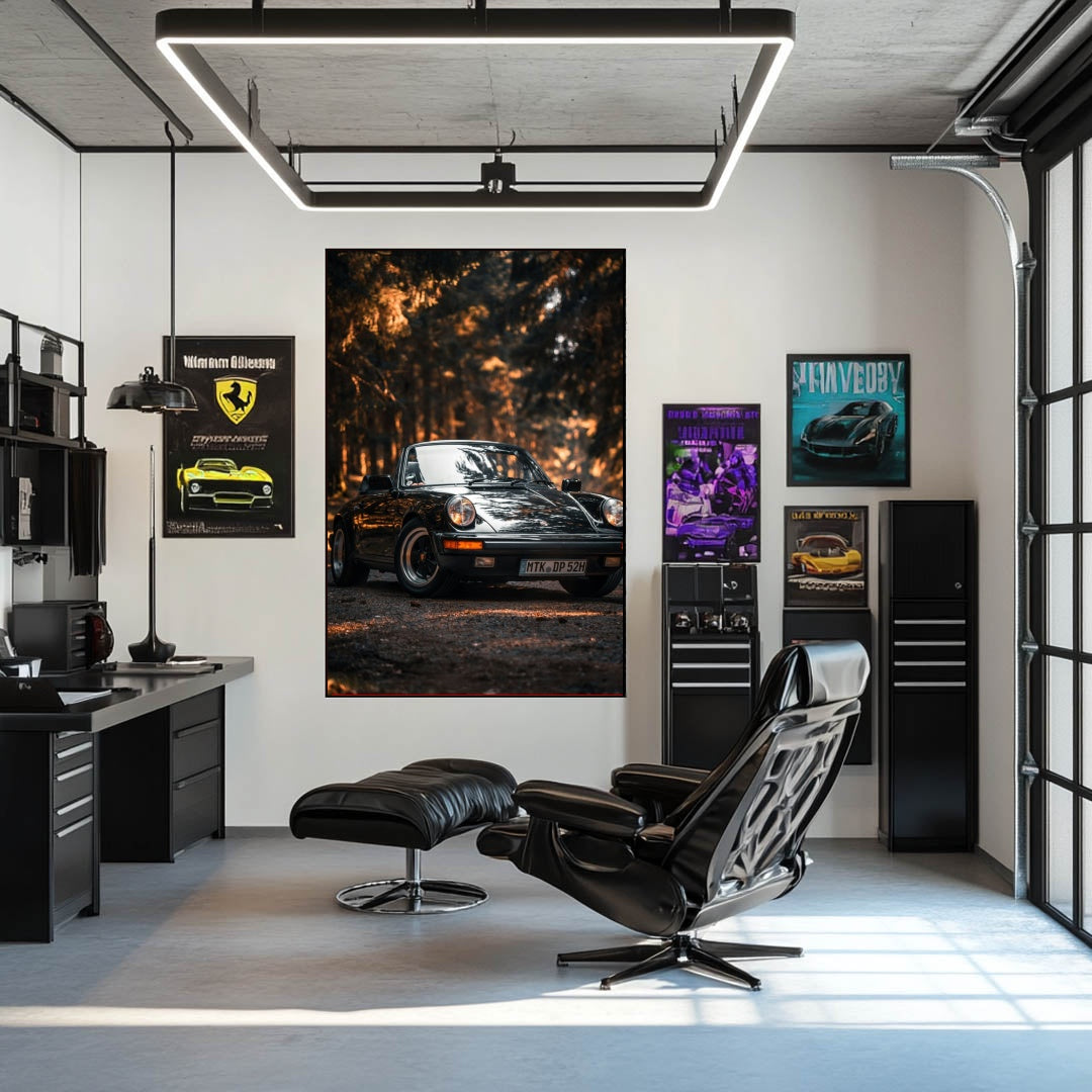 Vintage Porsche 911 Forest Glow wall art in a modern office with black accents and posters.