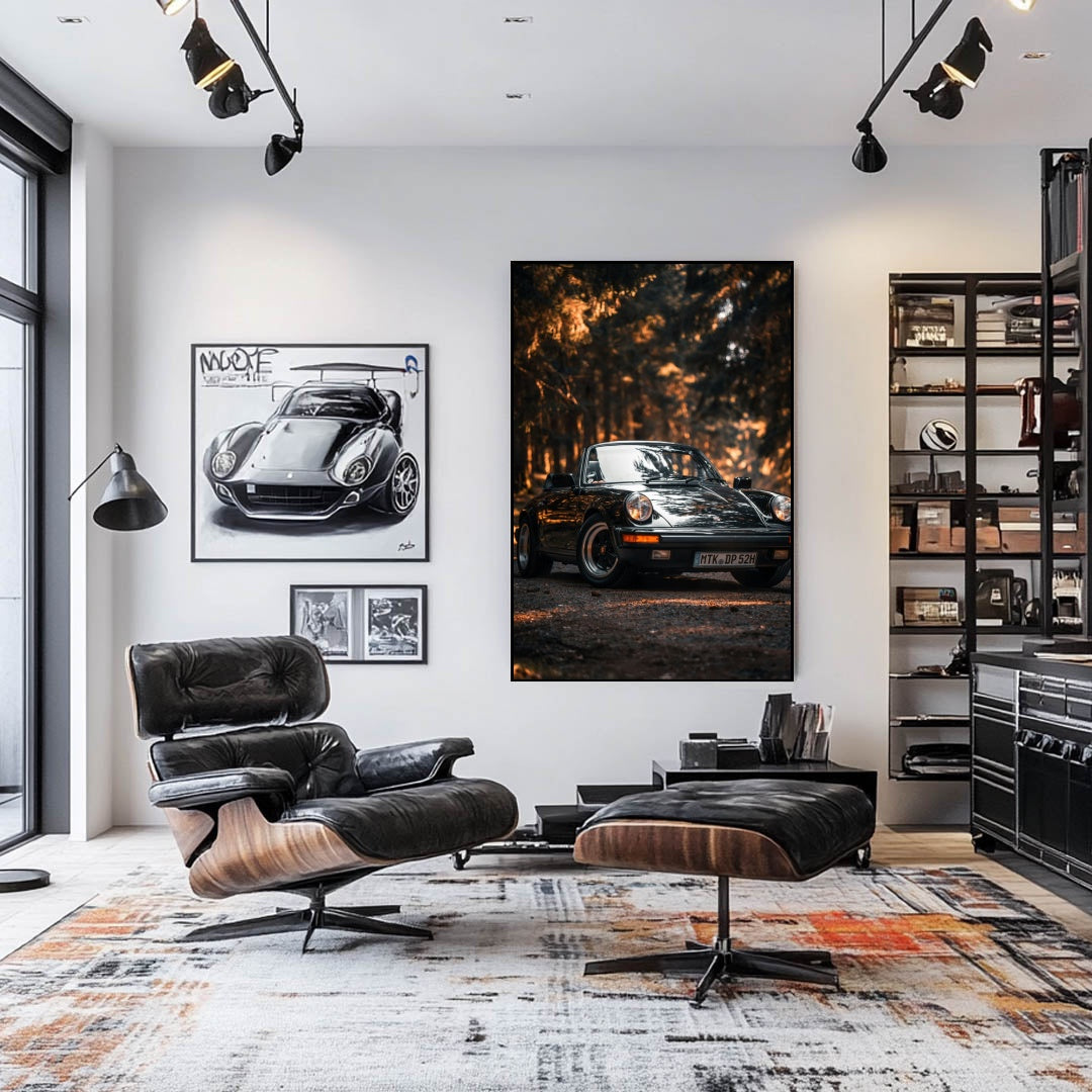 Vintage Porsche 911 Forest Glow art piece in a modern living room showcasing car wall art.