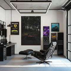 Porsche 911 Taillight Glow in the Woods car wall art displayed in a stylish modern workspace with other car posters.