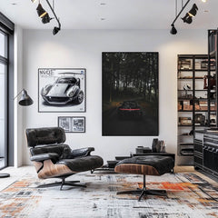 Stylish interior featuring Porsche 911 Taillight Glow in the Woods wall art and modern furniture in a chic setting.