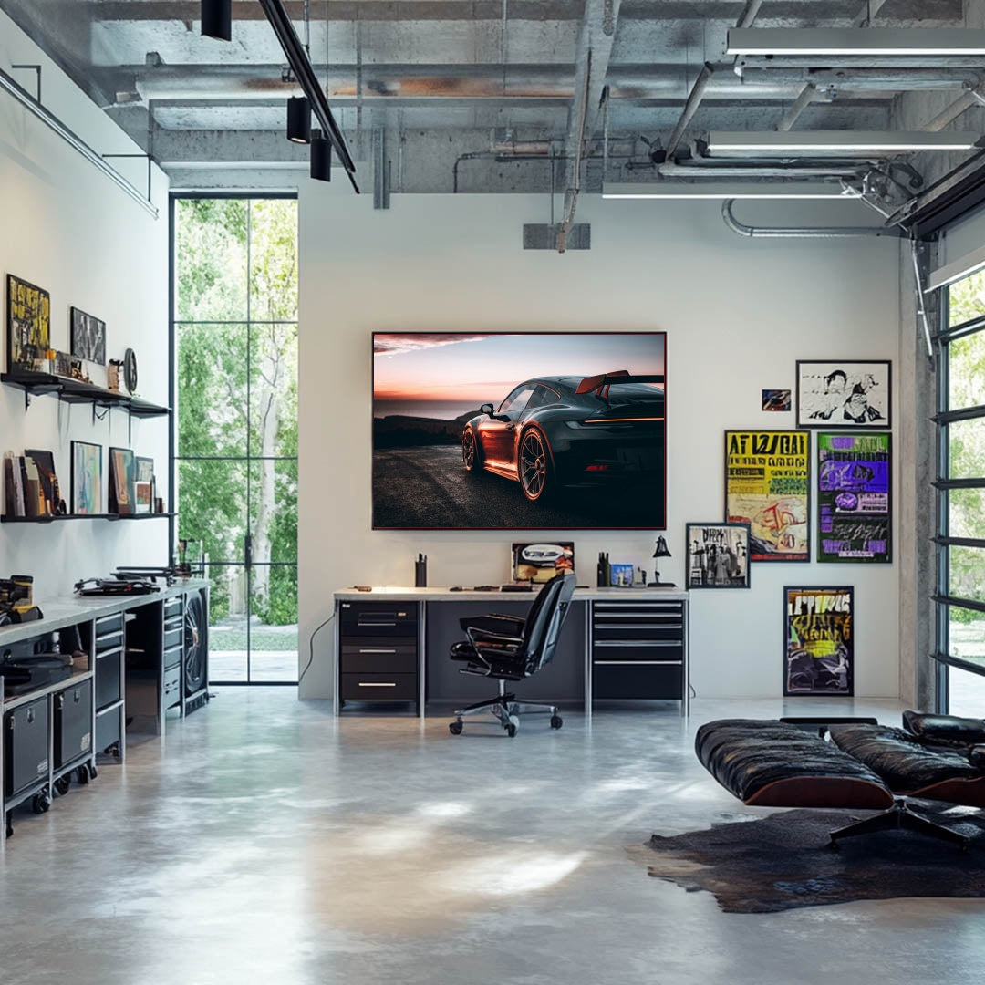 Stylish office interior featuring wall art of Golden Coast Porsche 911 GT3, enhancing the modern workspace.