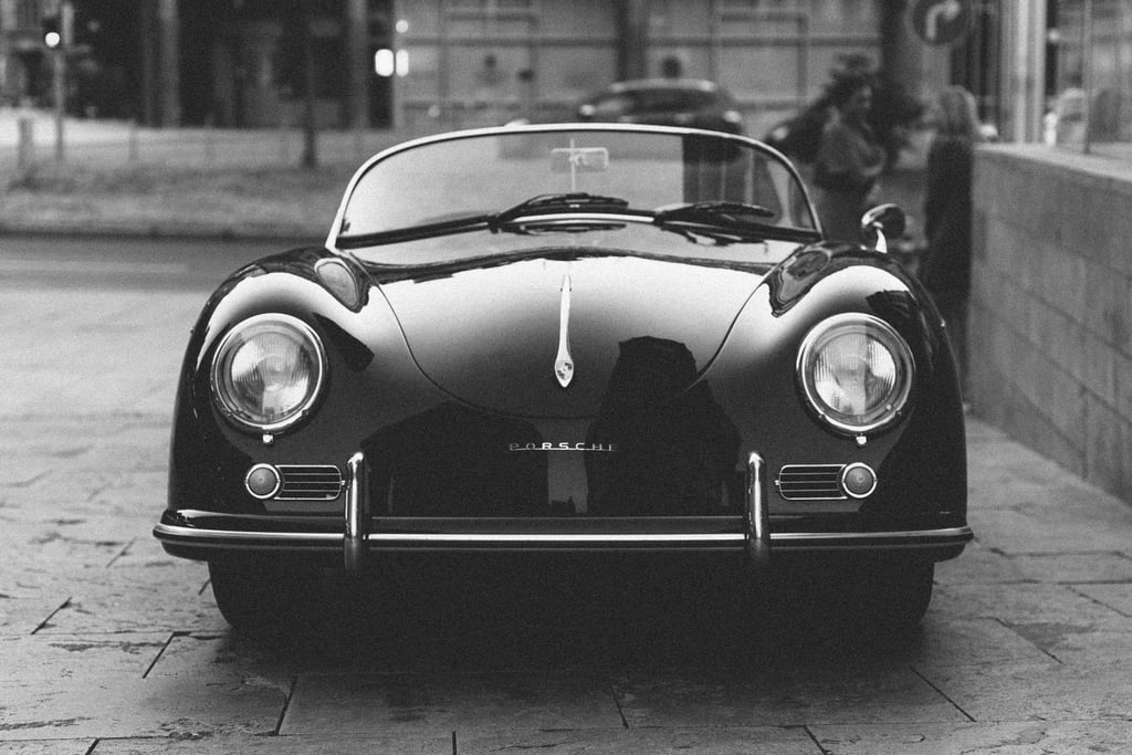 Black and White Porsche 356 Speedster captured in grayscale, showcasing elegant car wall art.