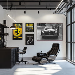Black and White Porsche 356 Speedster artwork on wall in modern office with sleek furniture and stylish decor.