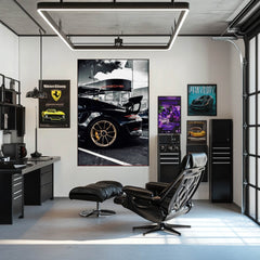GT2 Outside Porsche displayed as car wall art in a stylish office with modern decor and dramatic lighting.