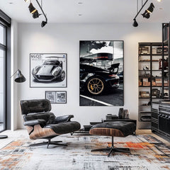 Stylish living room featuring a Porsche GT2 Outside Porsche wall art along with other car-themed decor.