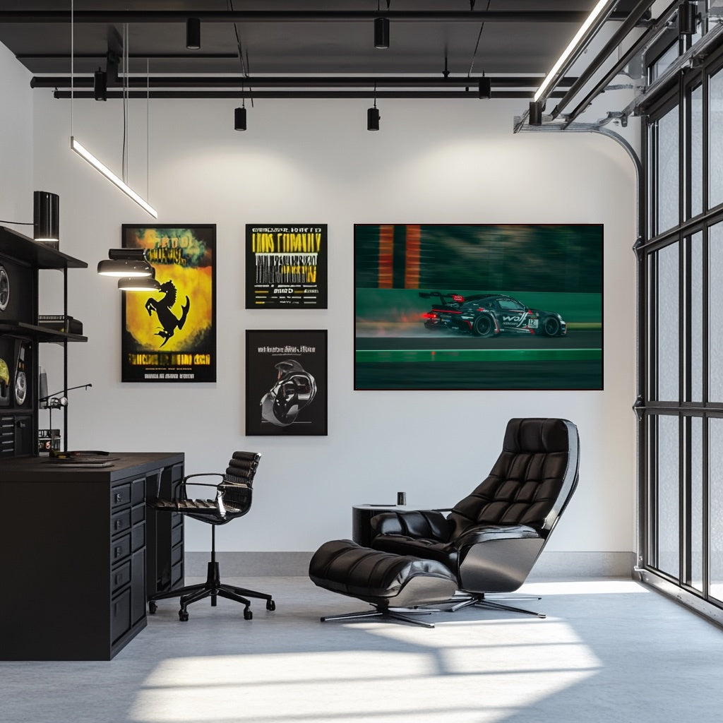 Porsche GT3 Cup at Full Speed art displayed in a modern office with sleek furniture and ample natural light.