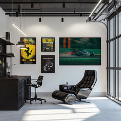 Porsche GT3 Cup at Full Speed art displayed in a modern office with sleek furniture and ample natural light.