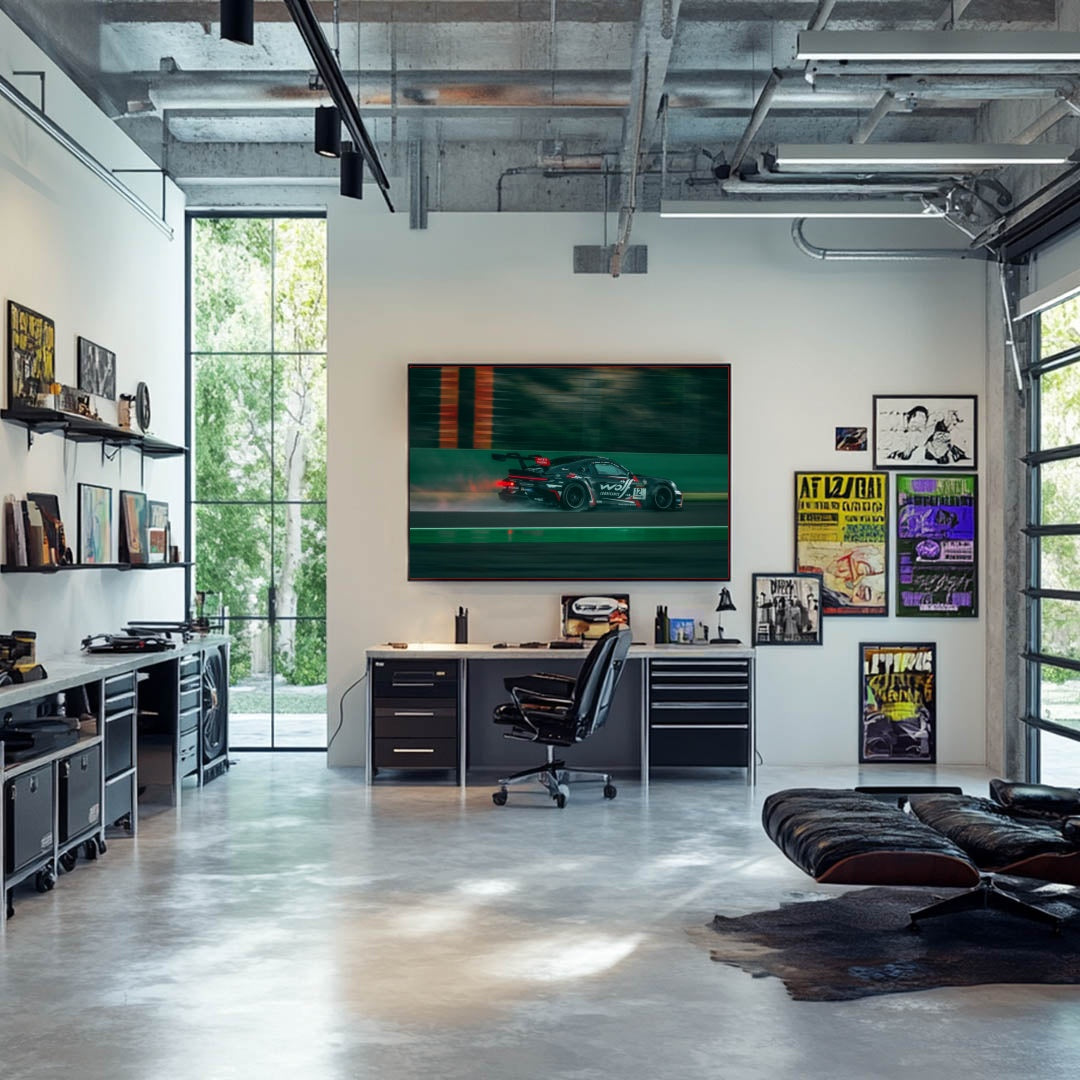 Porsche GT3 Cup at Full Speed displayed on wall art in modern office with sleek furniture and bright natural light.