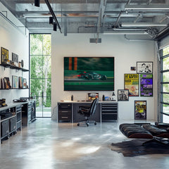 Porsche GT3 Cup at Full Speed displayed on wall art in modern office with sleek furniture and bright natural light.