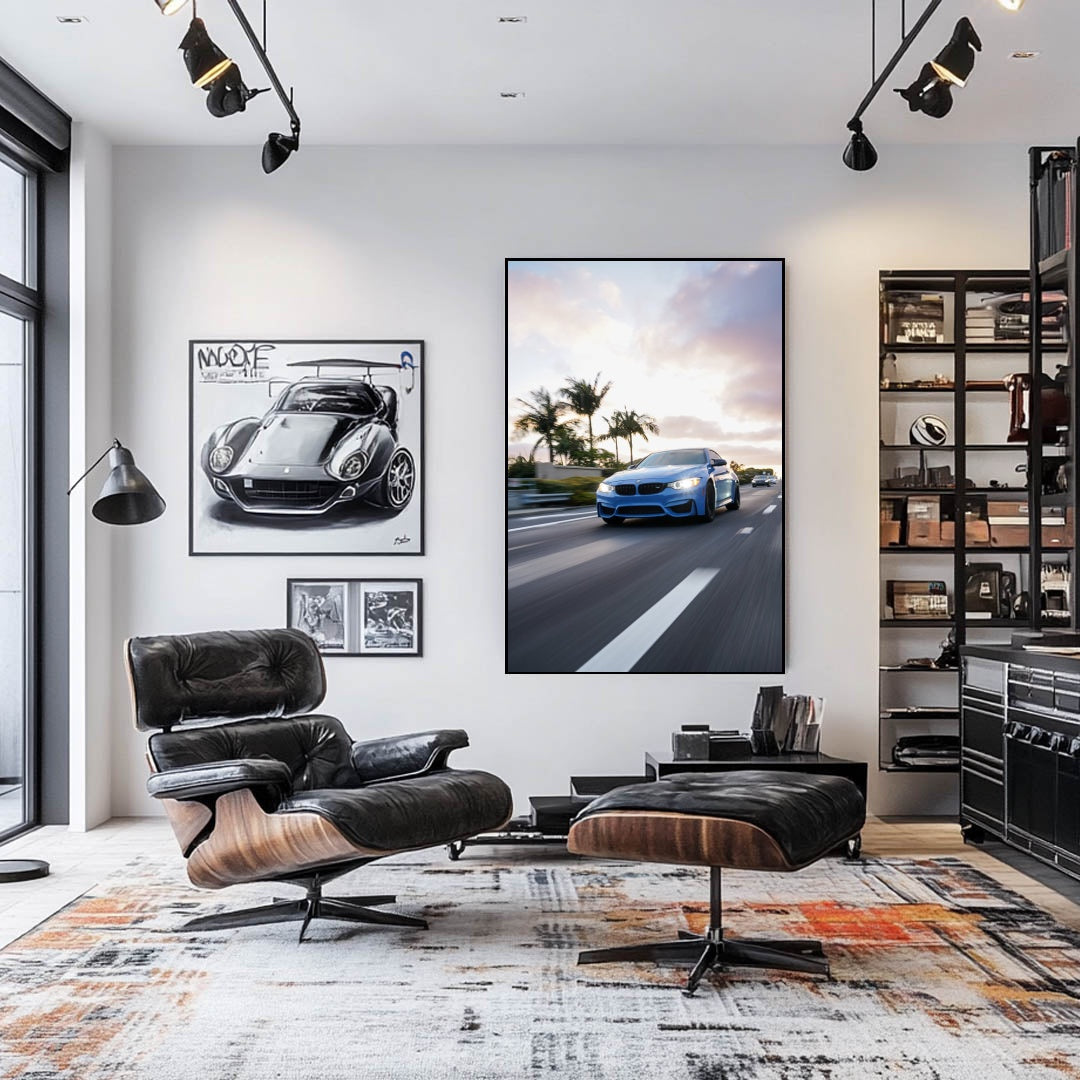 BMW M4 in Motion wall art featuring a performance car against palm trees and a glowing horizon in a modern living room.
