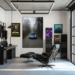 Porsche 911 in a Foggy Daydream displayed in a stylish office, featuring car wall art and a serene atmosphere.