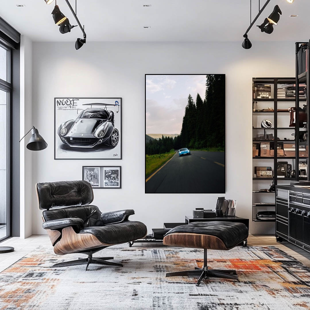 Porsche 911 Tree Run wall art featuring a vivid blue Porsche driving through a scenic forest road in modern office.