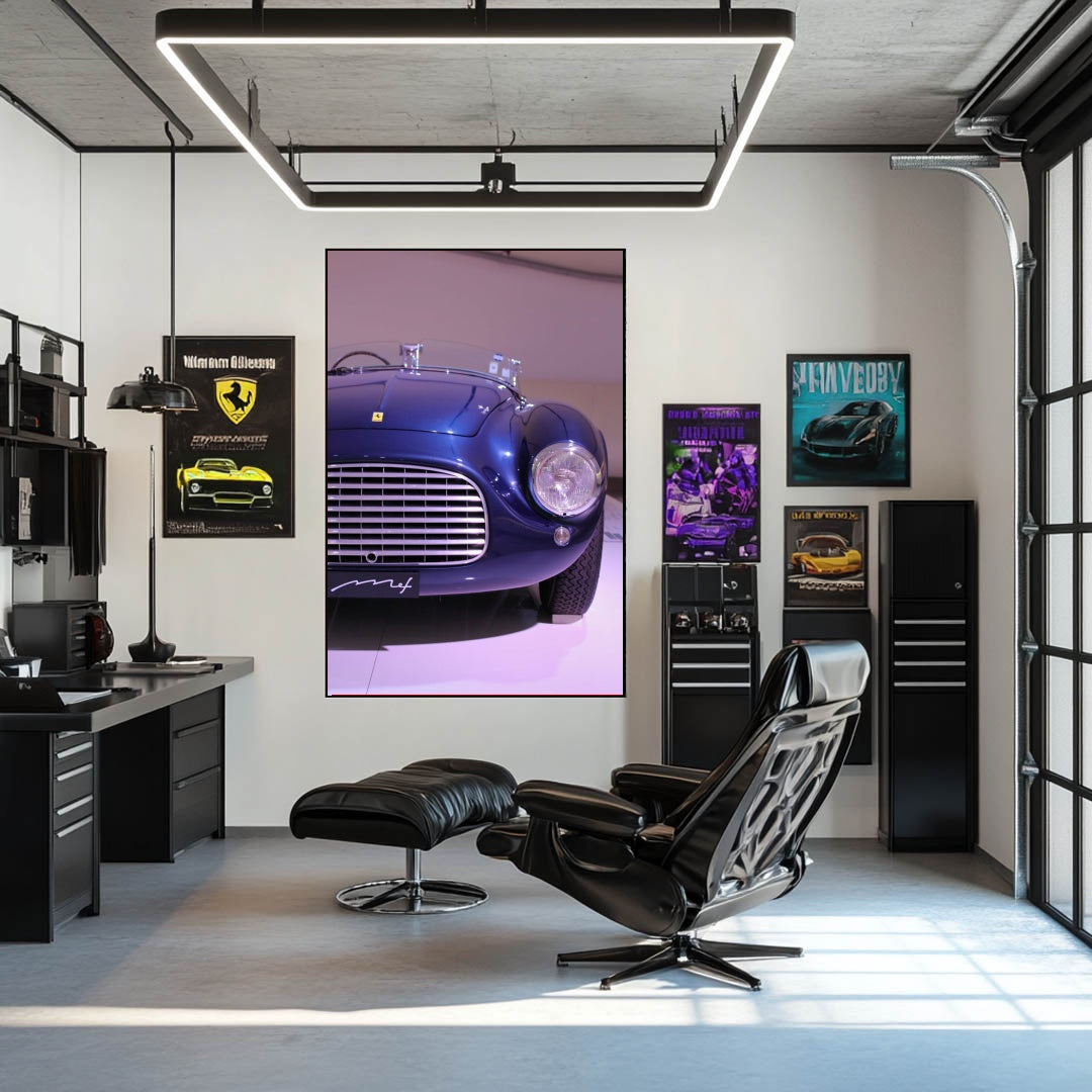 Ferrari in Midnight Blue wall art featuring a vintage car with elegant design and chrome grille in a modern workspace.